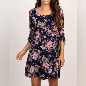 PinkBlush Maternity Navy Floral 3/4 Sleeve Baby Shower Dress Empire Waist Medium